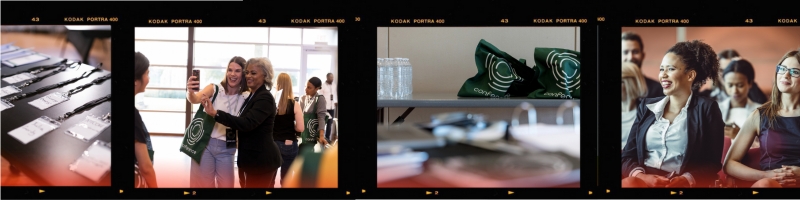 various conference meeting scenes- people smiling together, nametags on a table, conference bags and bottled water